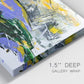 Close-up view of wrapped canvas corner featuring quiet abstract mountain silhouette.