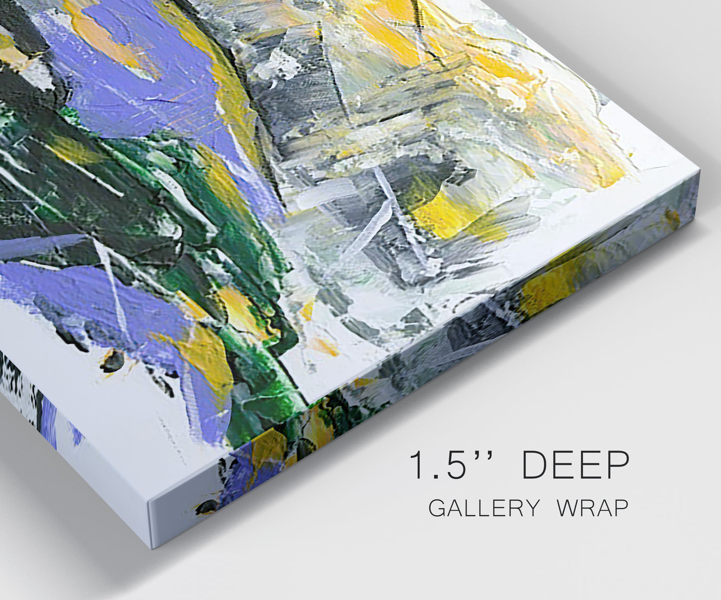 Close-up view of wrapped canvas corner featuring quiet abstract mountain silhouette.