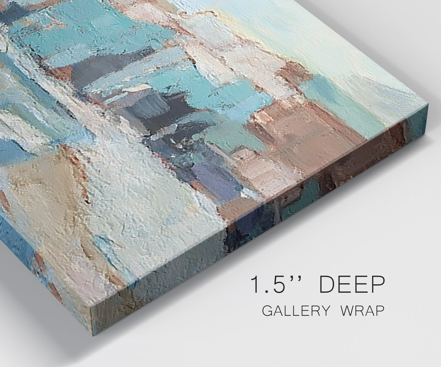 Close-up view of wrapped canvas corner featuring coastal shoreline with soft waves.