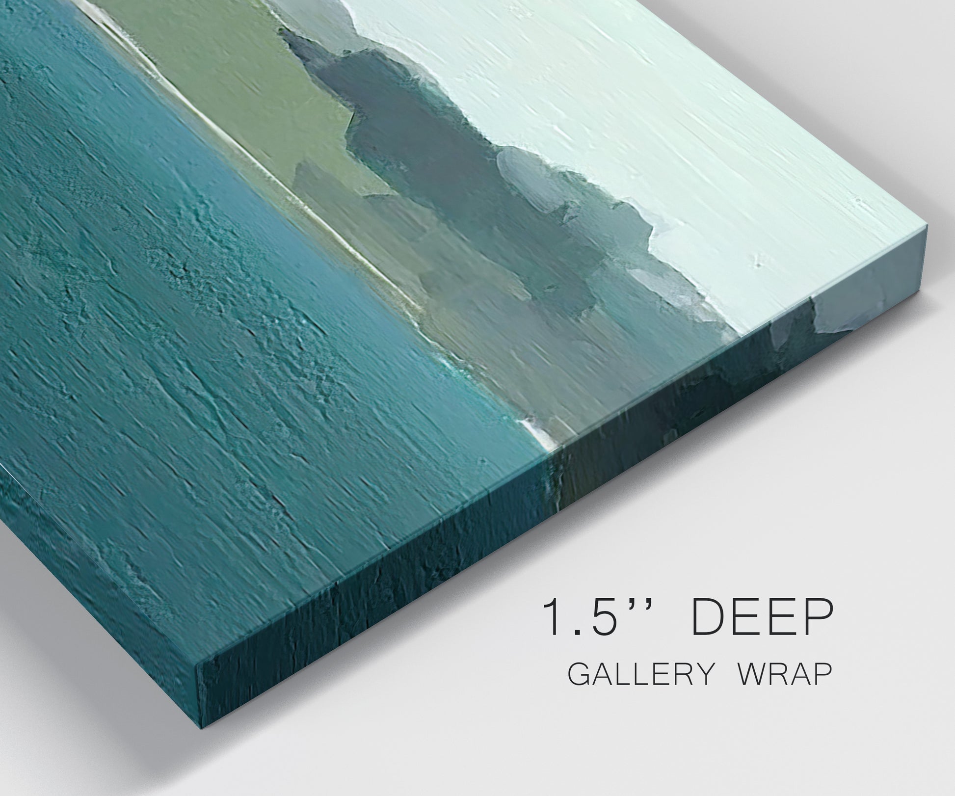 Close-up view of wrapped canvas corner featuring calm lake water under open sky.