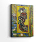 Side view of a canvas art print of a vivid composition with patterned background and contrast, showing gallery-wrapped depth.