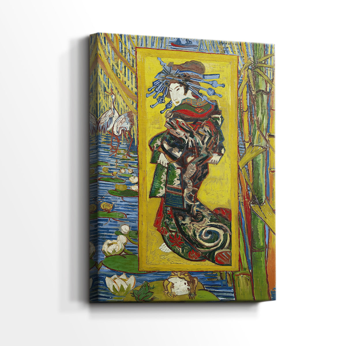 Side view of a canvas art print of a vivid composition with patterned background and contrast, showing gallery-wrapped depth.