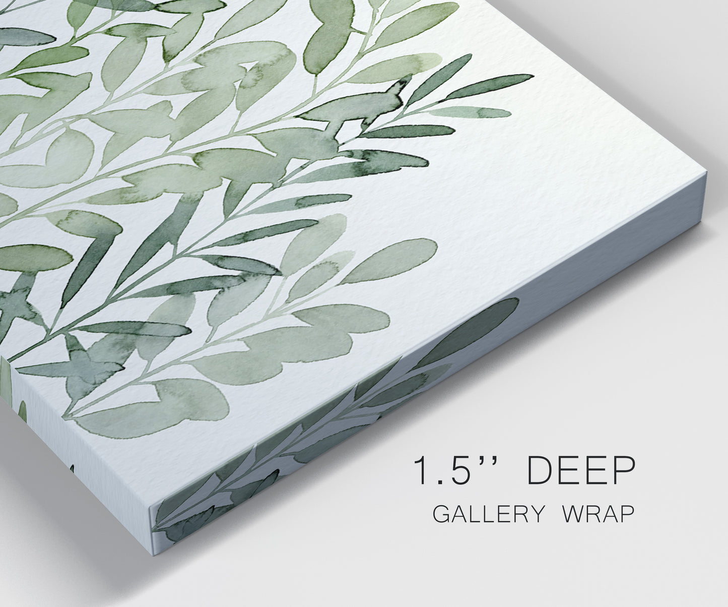 Close-up view of wrapped canvas corner featuring foraged leafy greens botanical study.
