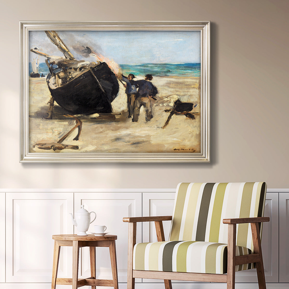 Impressionist nautical work scene by Édouard Manet in an ornate champagne frame displayed in a light-toned interior setting.
