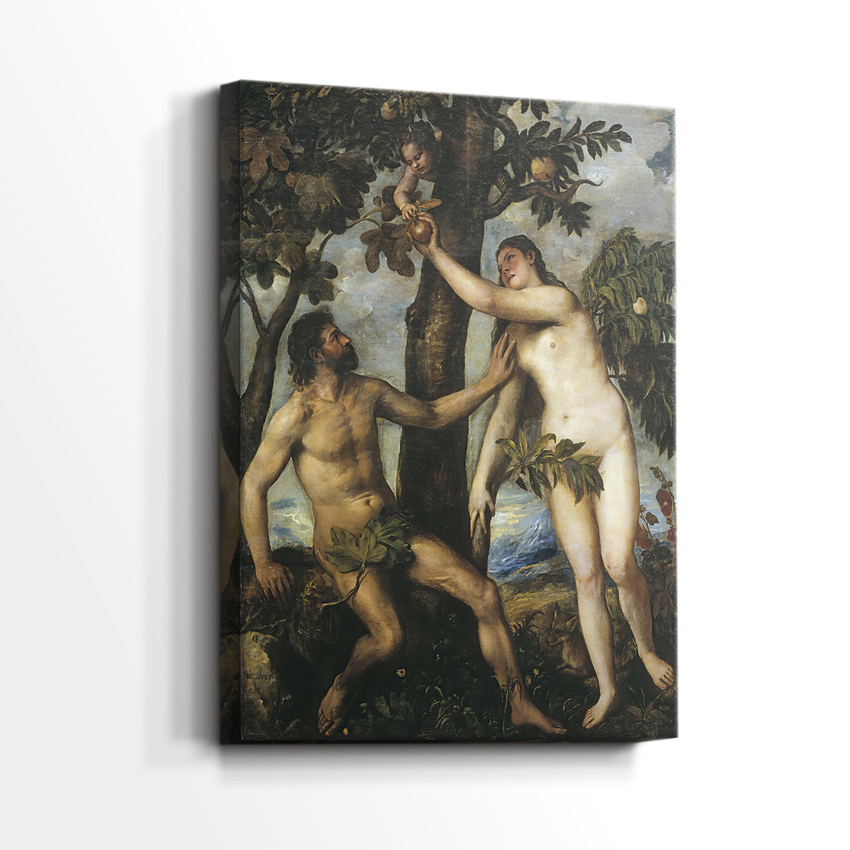 Side view of a canvas art print of a classical scene with balanced forms and gentle tones, showing gallery-wrapped depth.