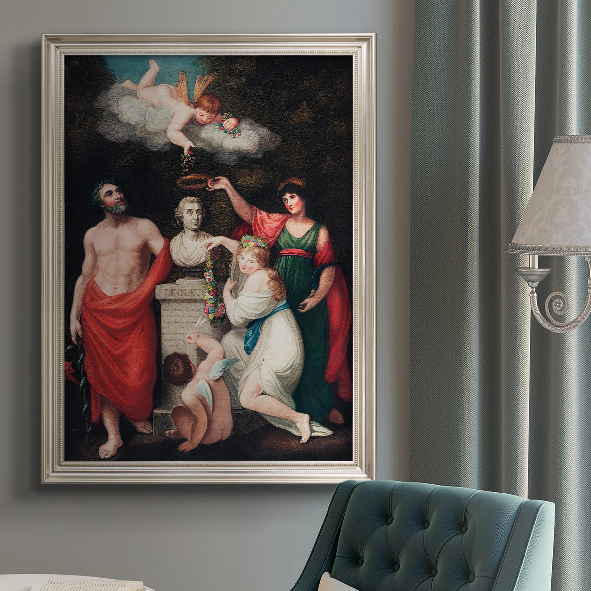 Classical allegorical painting honoring Linnaeus by Robert John Thornton in an {frame_style_descriptor} displayed in a neutral interior setting.