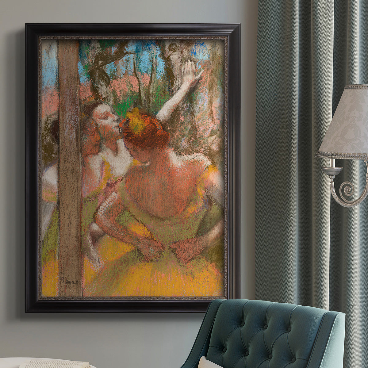 Impressionist ballet dancer composition by Edgar Degas in an {frame_style_descriptor} displayed in a neutral interior setting.