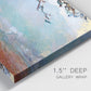 Close-up view of wrapped canvas corner featuring coastal trees at evening light.