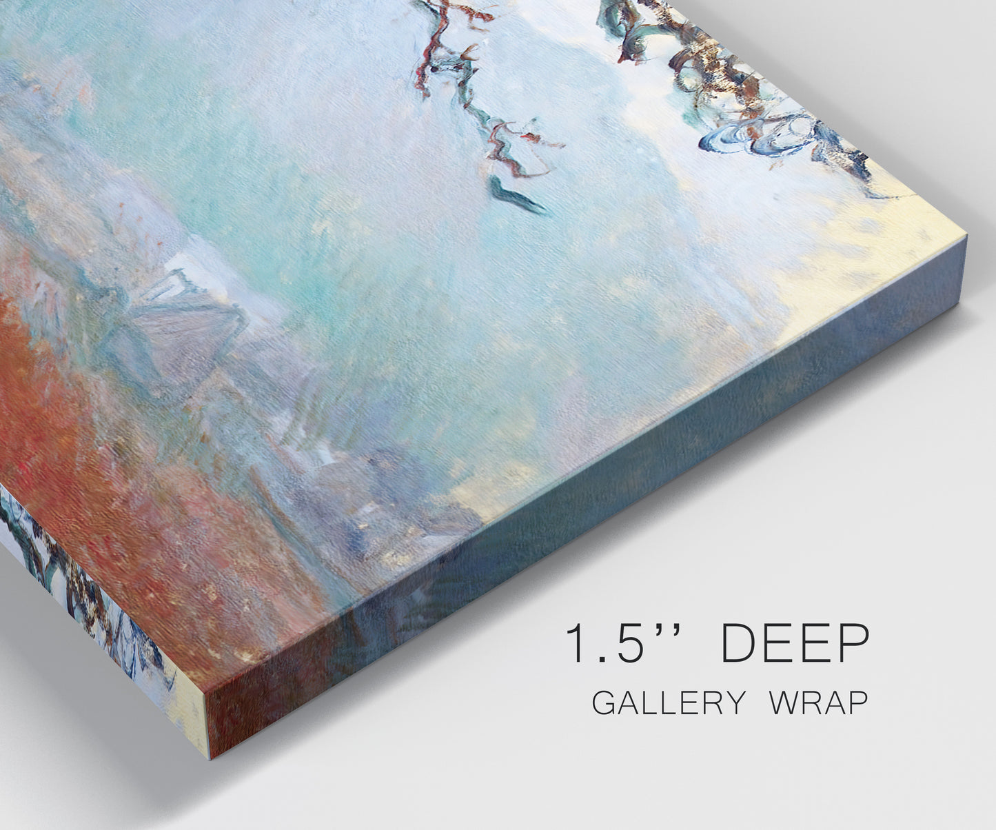 Close-up view of wrapped canvas corner featuring coastal trees at evening light.