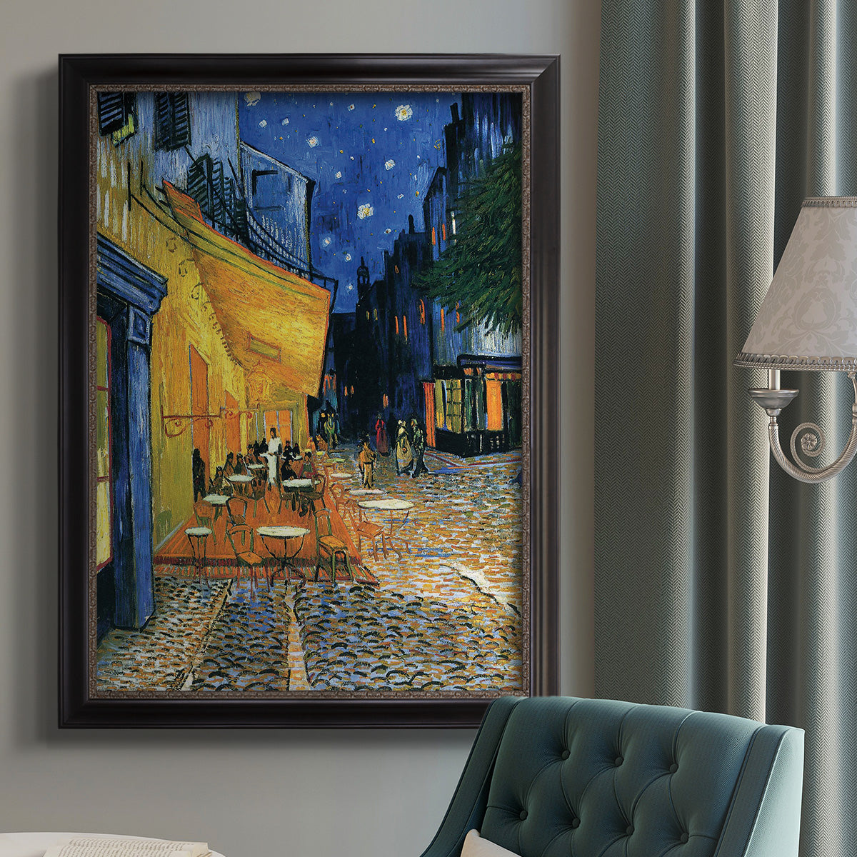 Impressionist night café street scene by Vincent van Gogh in an {frame_style_descriptor} displayed in a neutral interior setting.