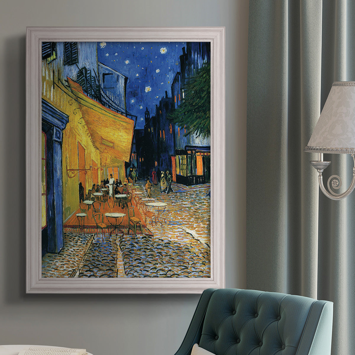 Impressionist night café street scene by Vincent van Gogh in an {frame_style_descriptor} displayed in a neutral interior setting.