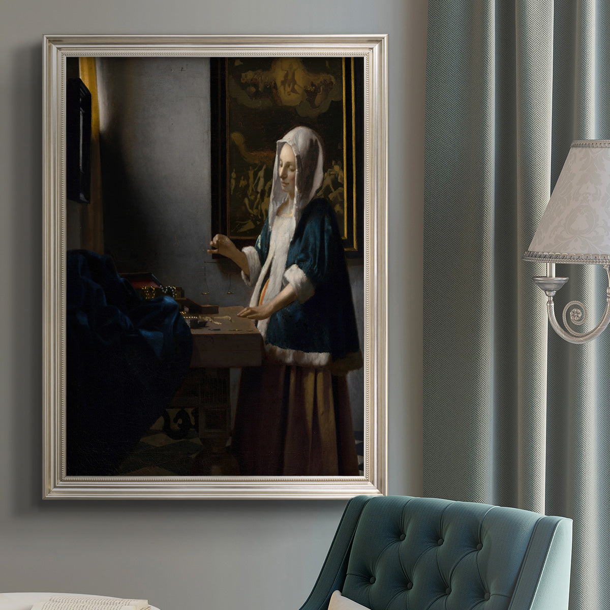 Quiet interior genre scene of a woman with scales by Johannes Vermeer in an {frame_style_descriptor} displayed in a neutral interior setting.