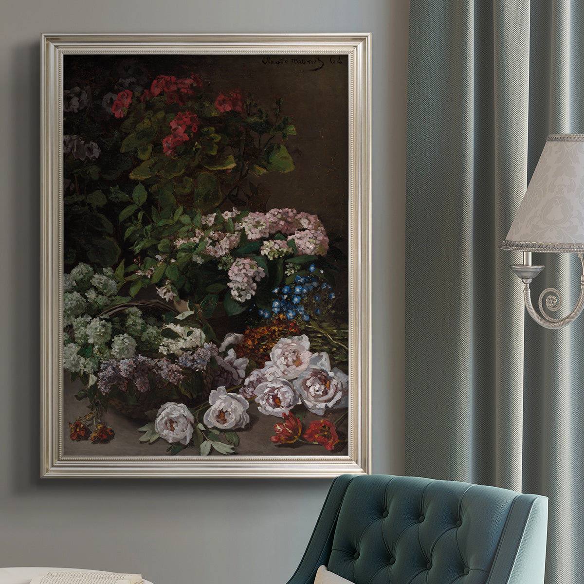 Early impressionist floral painting by Claude Monet in an {frame_style_descriptor} displayed in a neutral interior setting.
