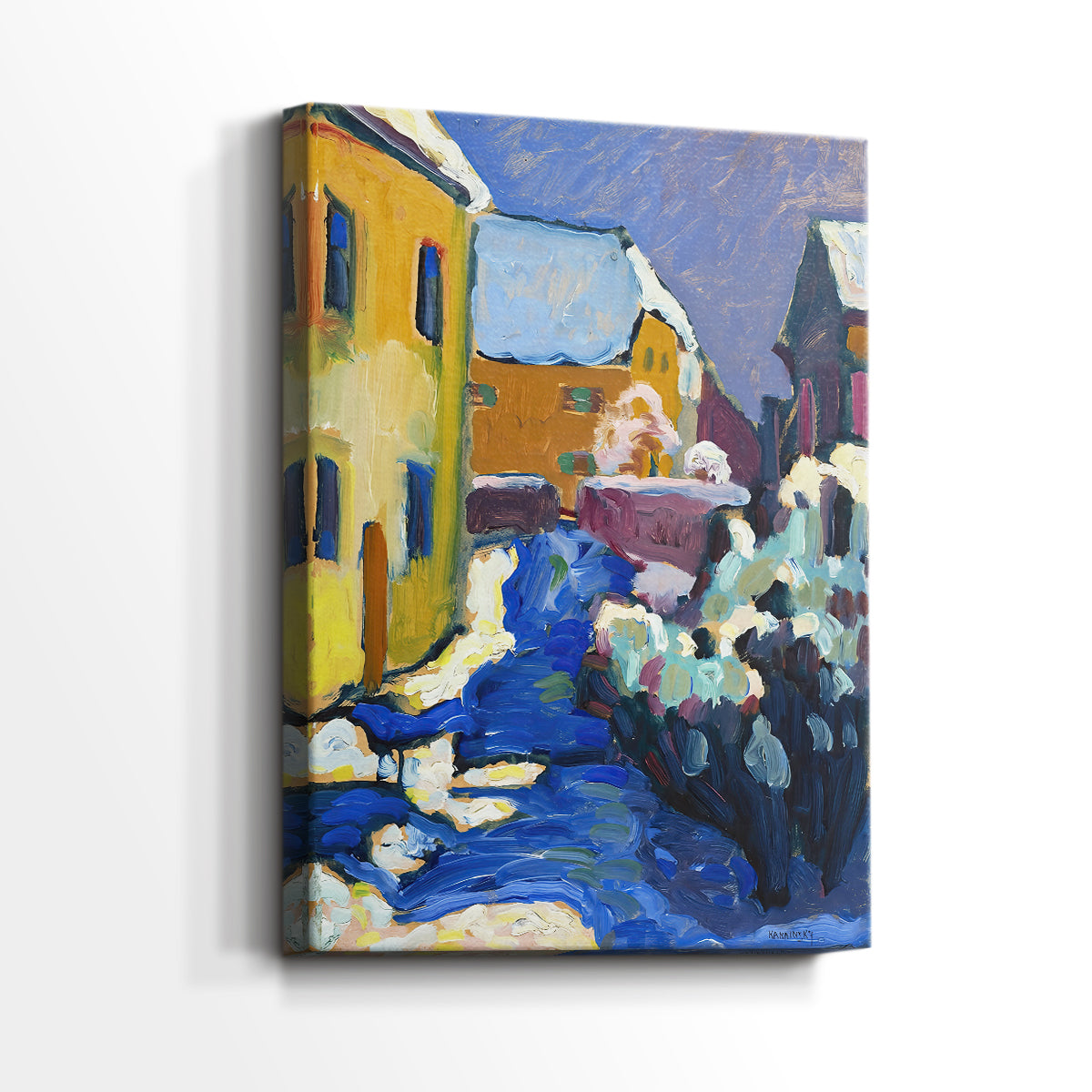 Side view of a canvas art print of a dynamic composition with architecture and expressive color, showing gallery-wrapped depth.