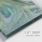 Close-up view of wrapped canvas corner featuring layered modern abstract landscape.