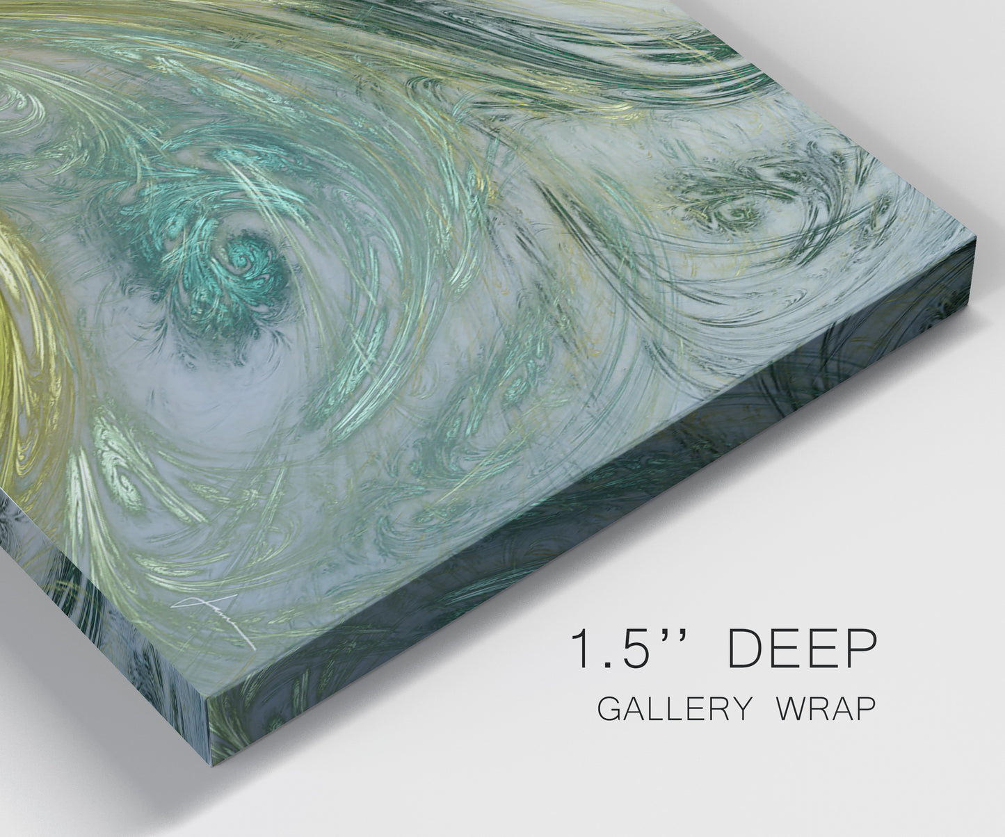 Close-up view of wrapped canvas corner featuring layered modern abstract landscape.