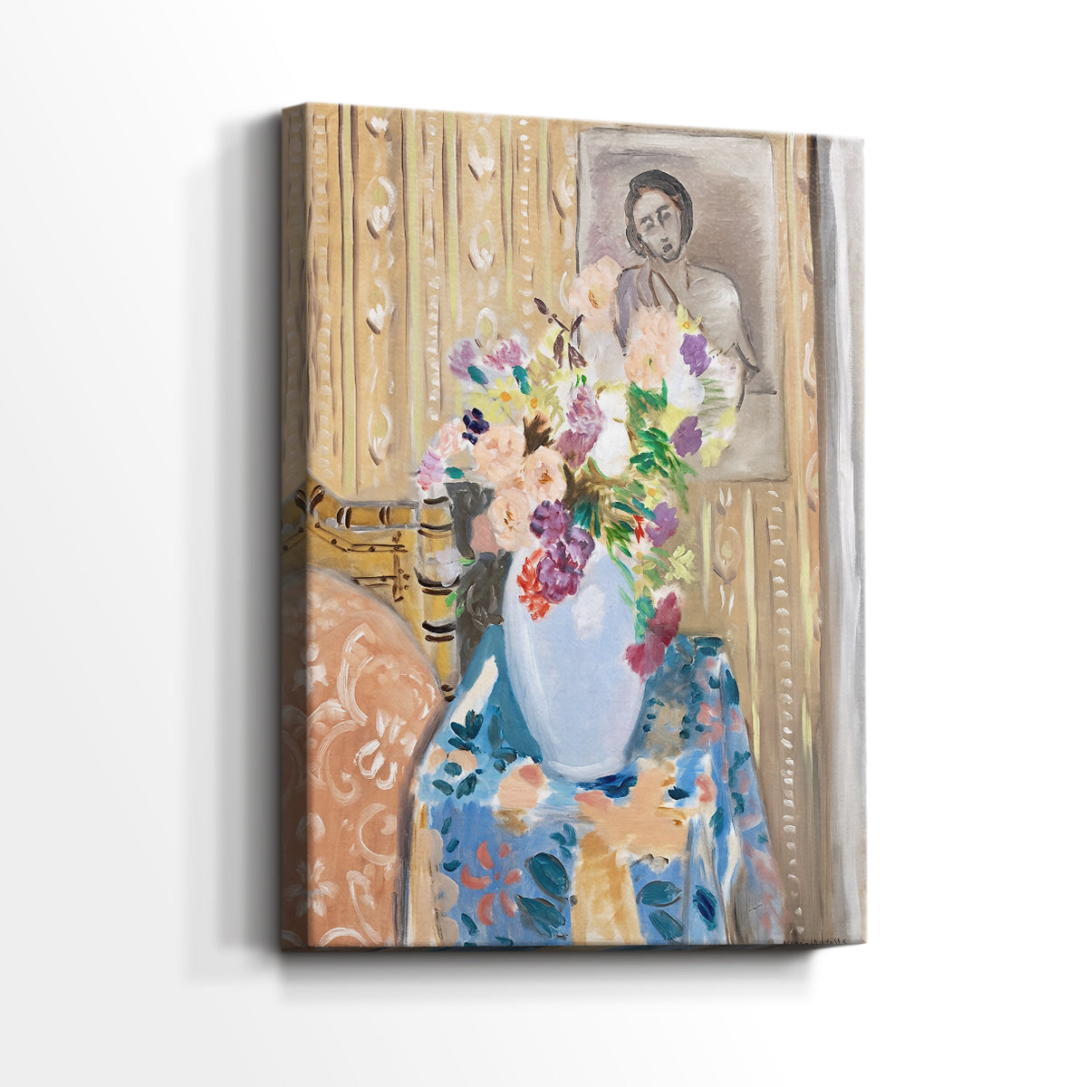 Side view of a canvas art print of a decorative scene combining still life and portrait elements, showing gallery-wrapped depth.