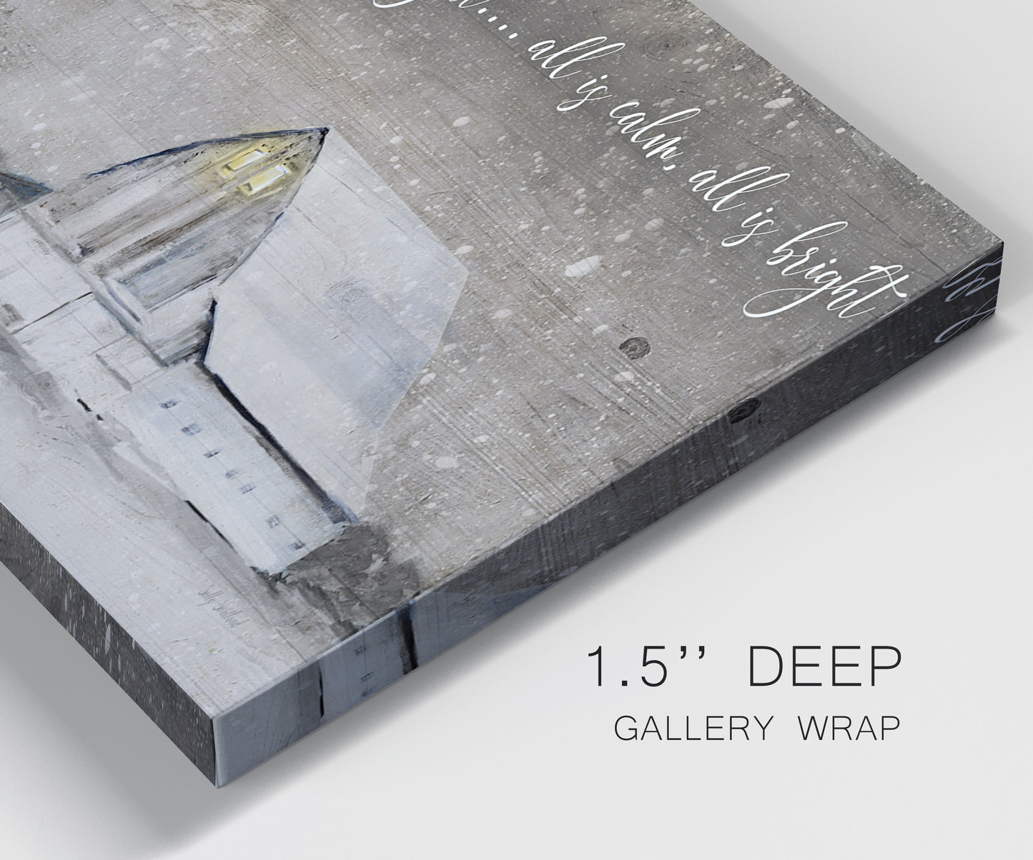 Close-up view of wrapped canvas corner featuring rustic winter holiday text art.
