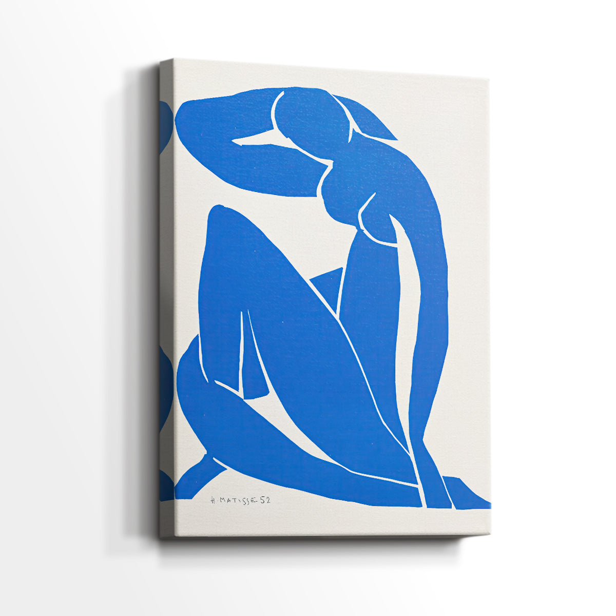 Side view of a canvas art print of a modern figure built from flat geometric forms, showing gallery-wrapped depth.