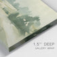 Close-up view of wrapped canvas corner featuring pasture landscape in soft watercolor.