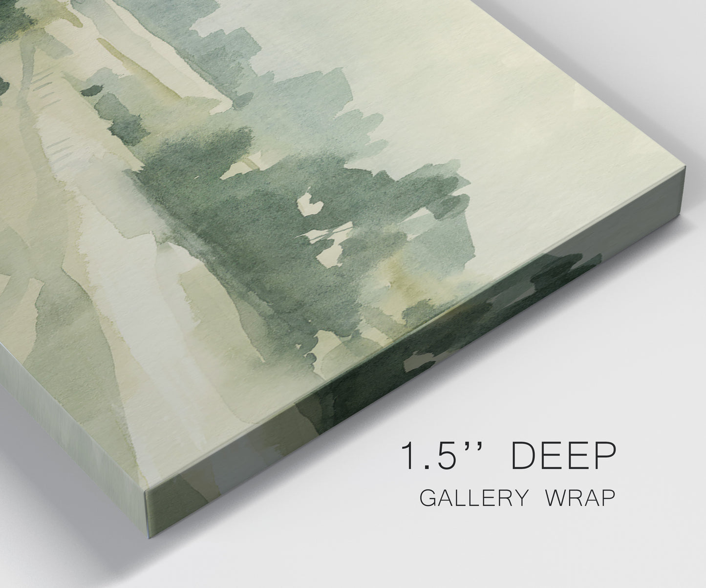 Close-up view of wrapped canvas corner featuring pasture landscape in soft watercolor.