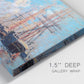 Close-up view of wrapped canvas corner featuring harbor with boats and water.