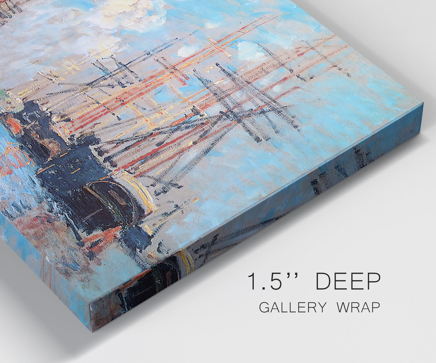Close-up view of wrapped canvas corner featuring harbor with boats and water.