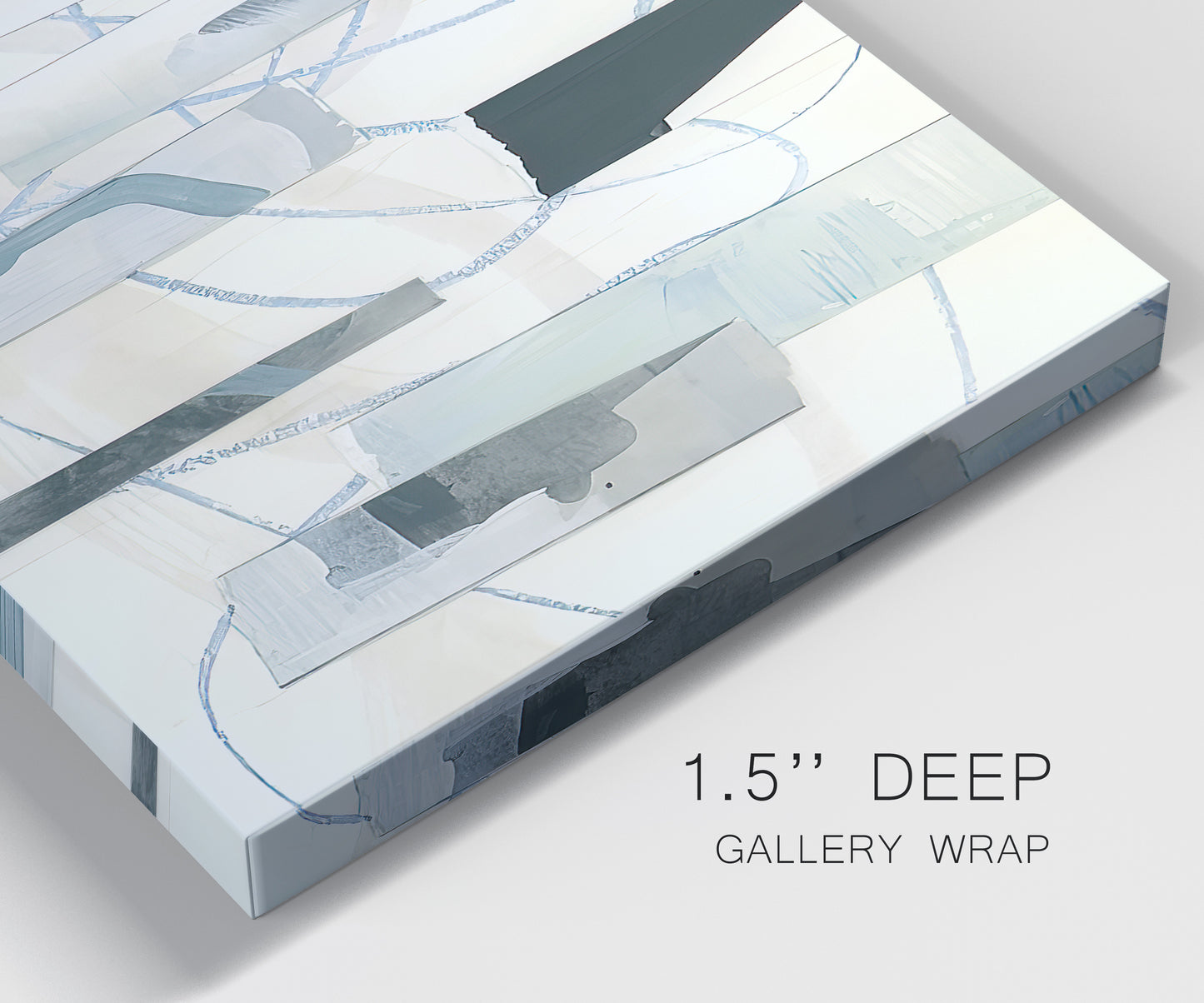 Close-up view of wrapped canvas corner featuring interwoven icy abstract linear forms.