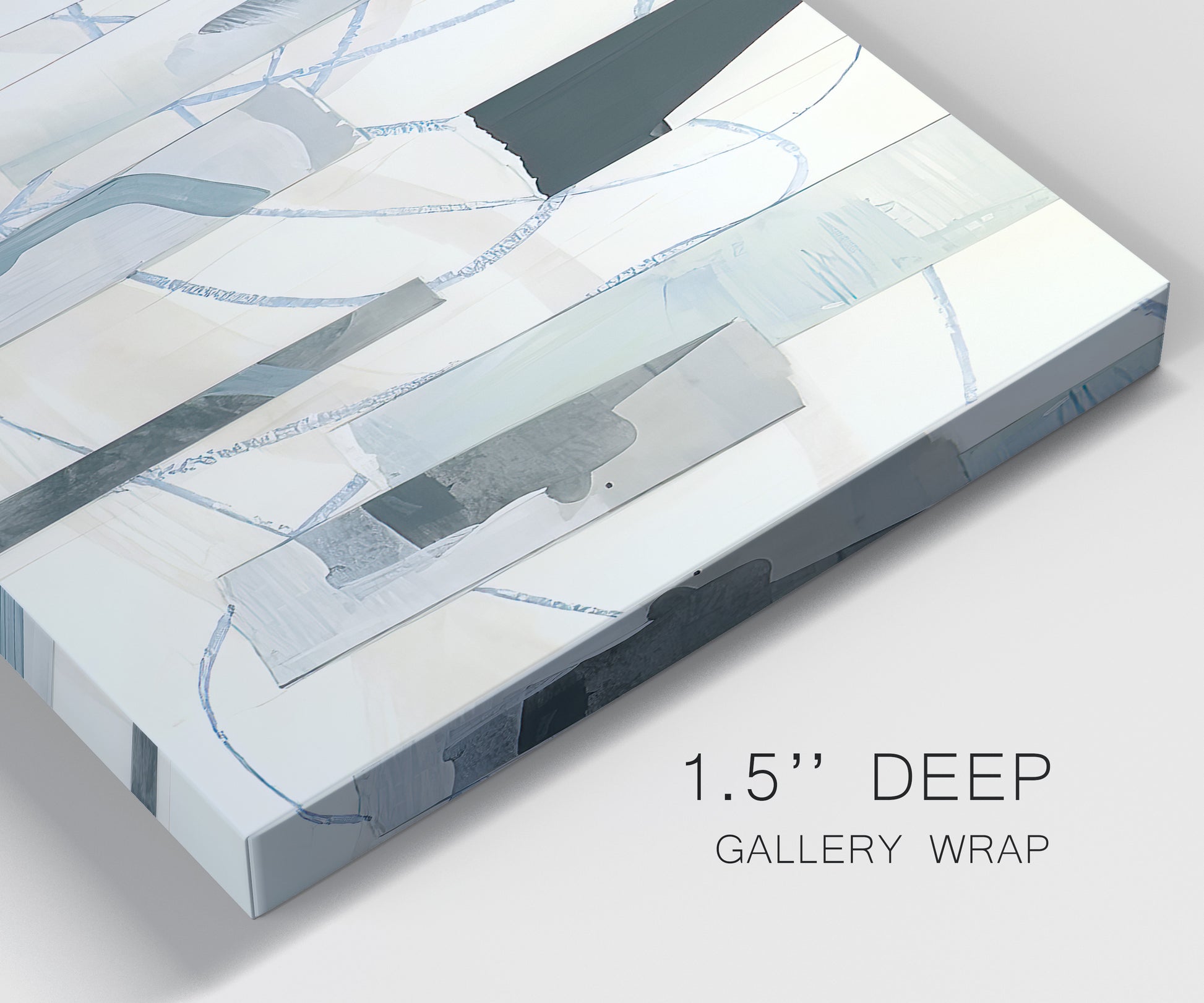 Close-up view of wrapped canvas corner featuring interwoven icy abstract linear forms.