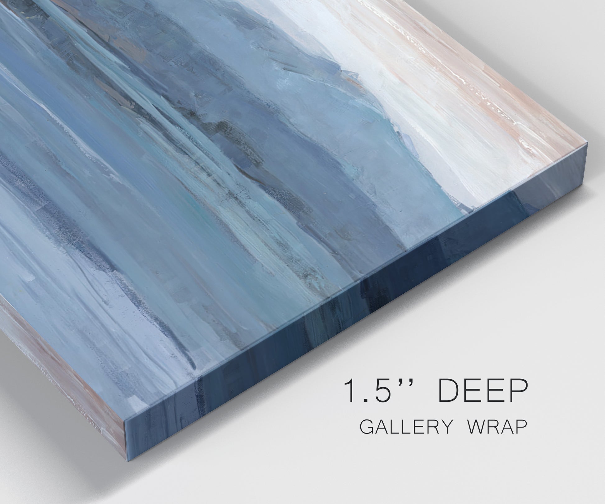 Close-up view of wrapped canvas corner featuring wide lake with distant shoreline.