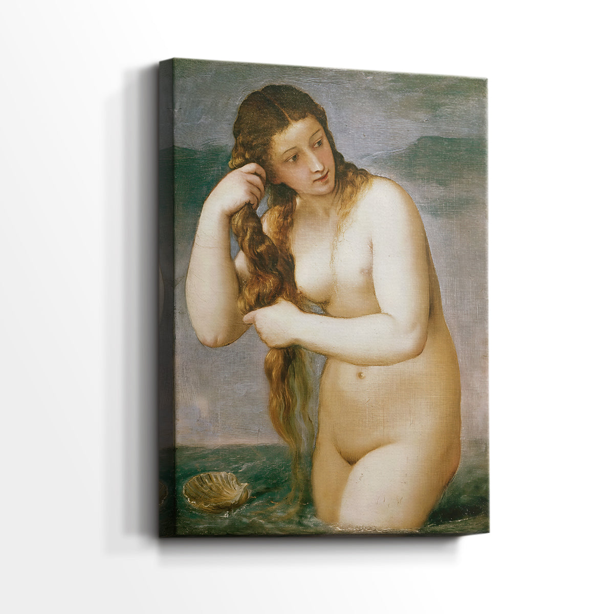 Side view of a canvas art print of a refined composition with smooth texture and movement, showing gallery-wrapped depth.