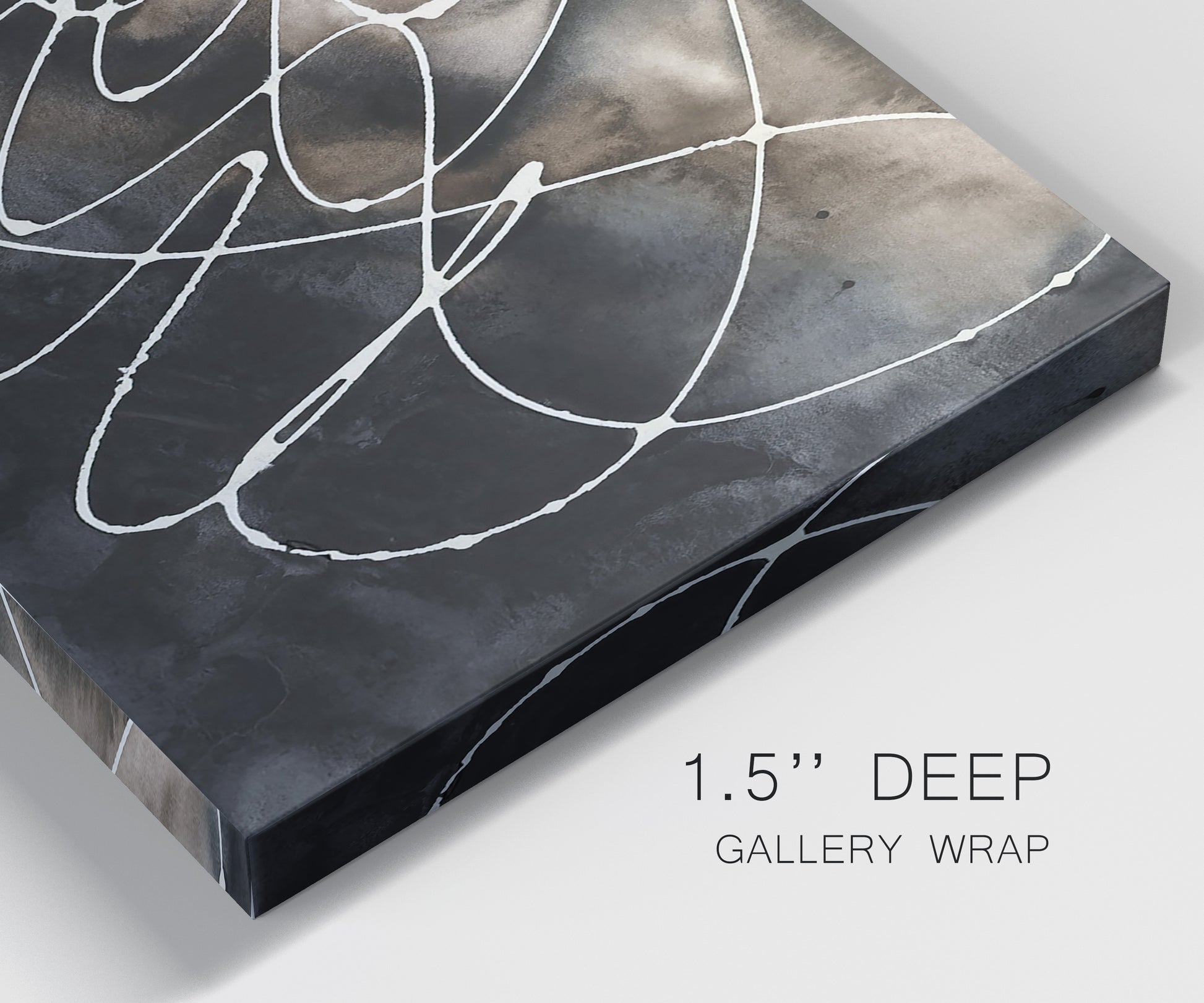 Close-up view of wrapped canvas corner featuring dark swirling abstract motion.