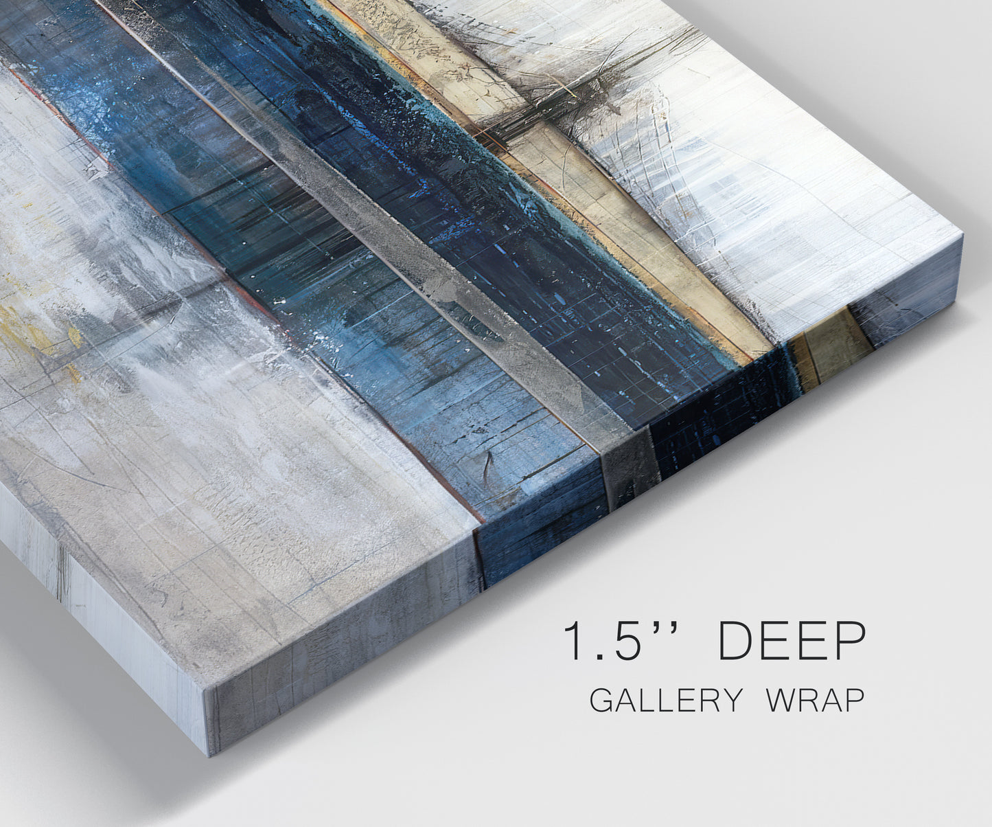 Close-up view of wrapped canvas corner featuring abstract blue urban composition.