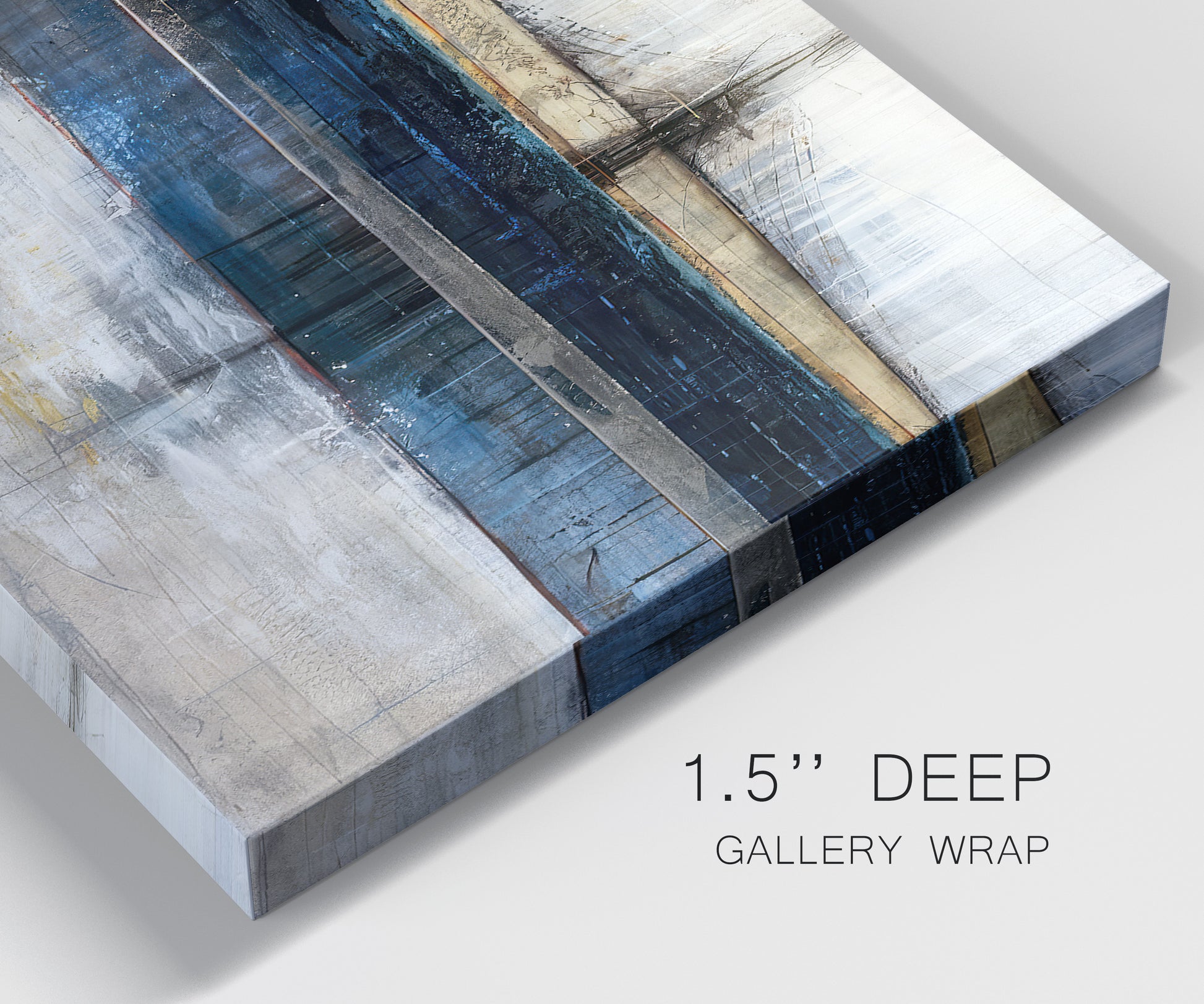 Close-up view of wrapped canvas corner featuring abstract blue urban composition.