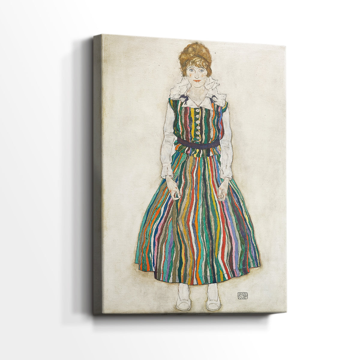 Side view of a canvas art print of a modern portrait with angular shapes and minimal detail, showing gallery-wrapped depth.
