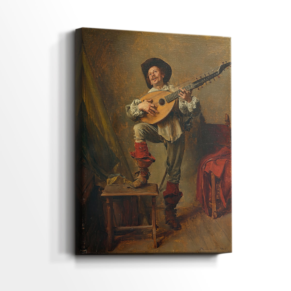 Side view of a canvas art print of a musical moment with a soldier and soft lighting, showing gallery-wrapped depth.
