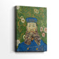 Side view of a canvas art print of a stylized portrait with intense color and simple background, showing gallery-wrapped depth.