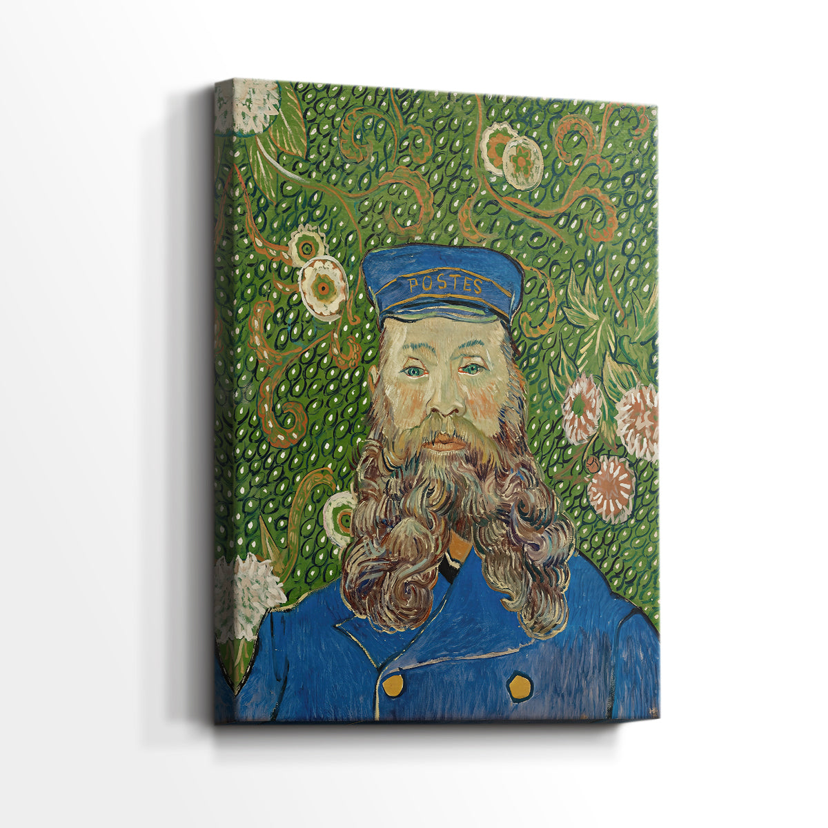 Side view of a canvas art print of a stylized portrait with intense color and simple background, showing gallery-wrapped depth.