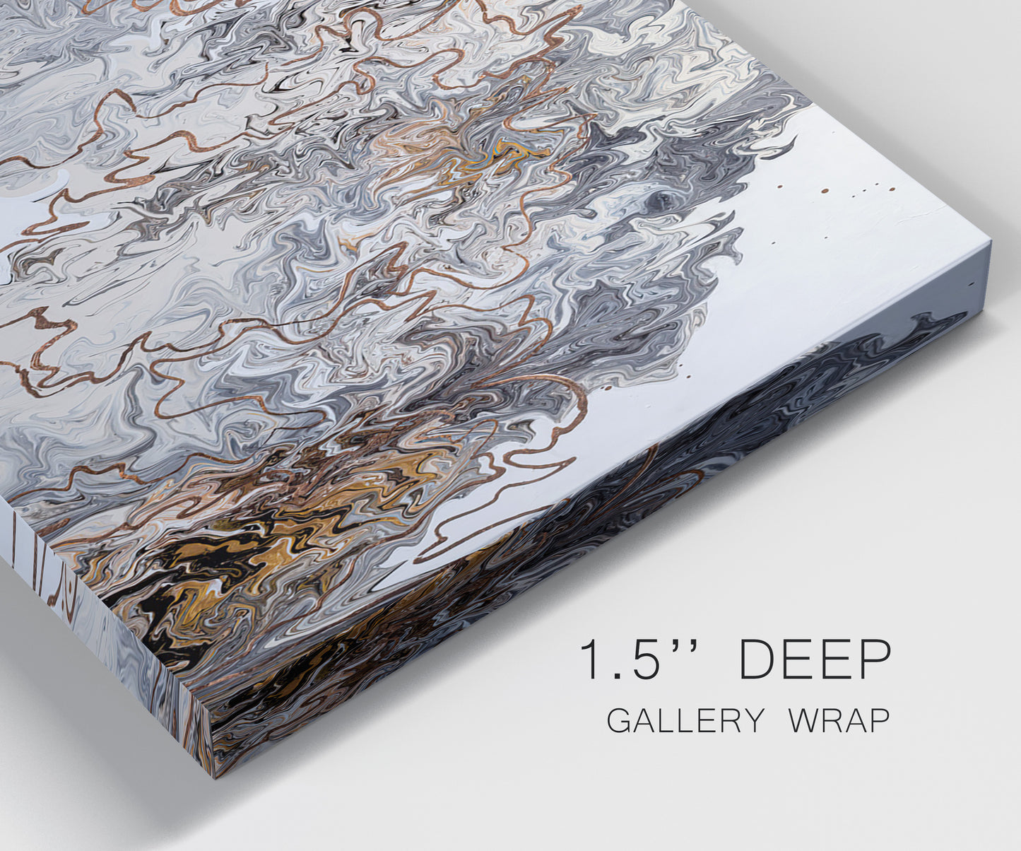 Close-up view of wrapped canvas corner featuring wooded trail through forest.