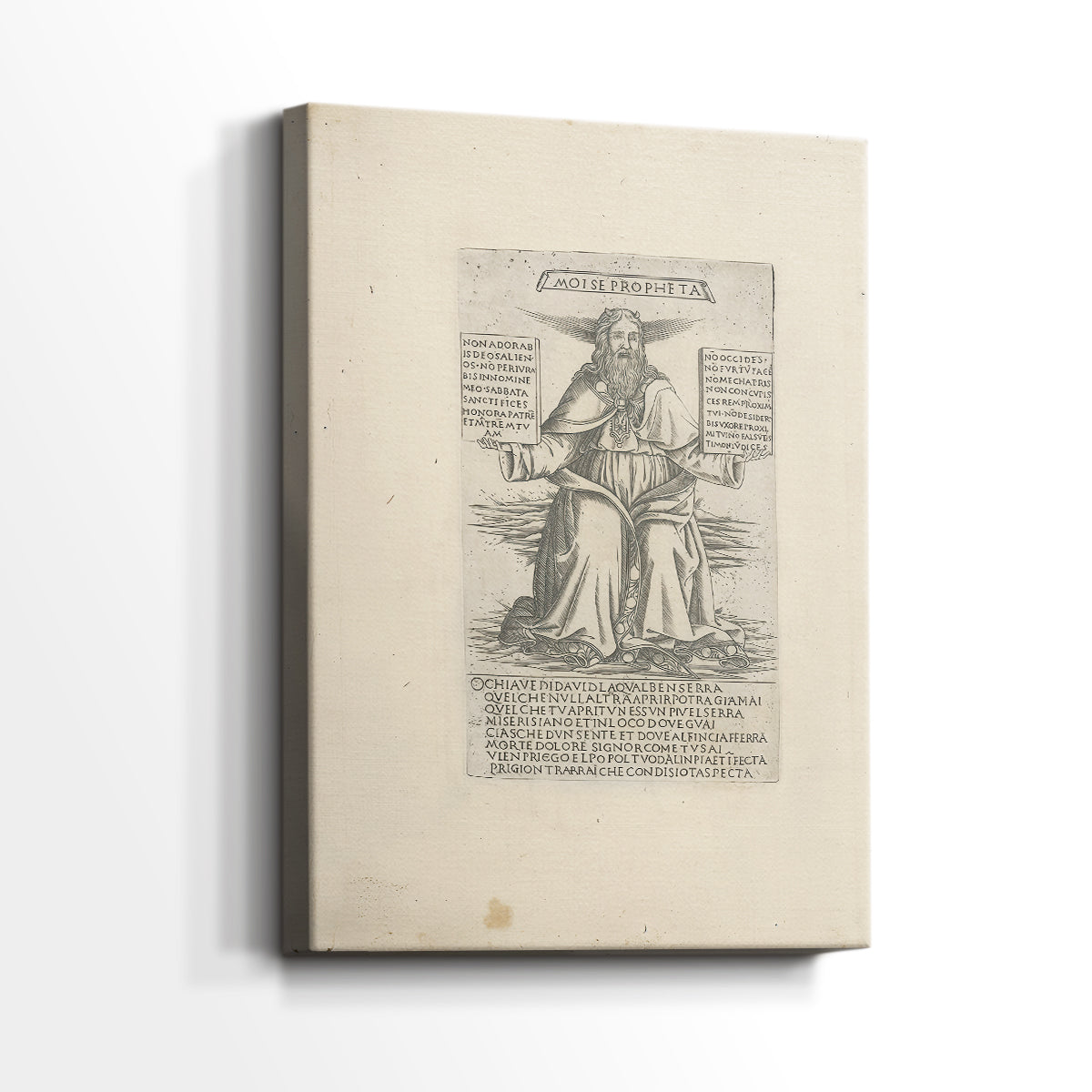 Side view of a canvas art print of a detailed illustration with subtle texture and depth, showing gallery-wrapped depth.