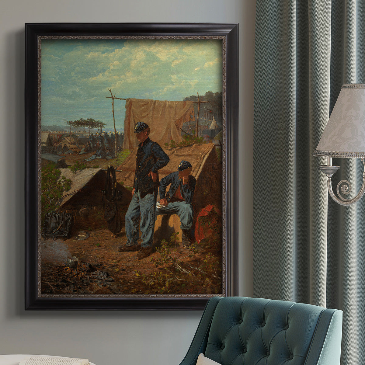 American genre scene of domestic life by Winslow Homer in an {frame_style_descriptor} displayed in a neutral interior setting.