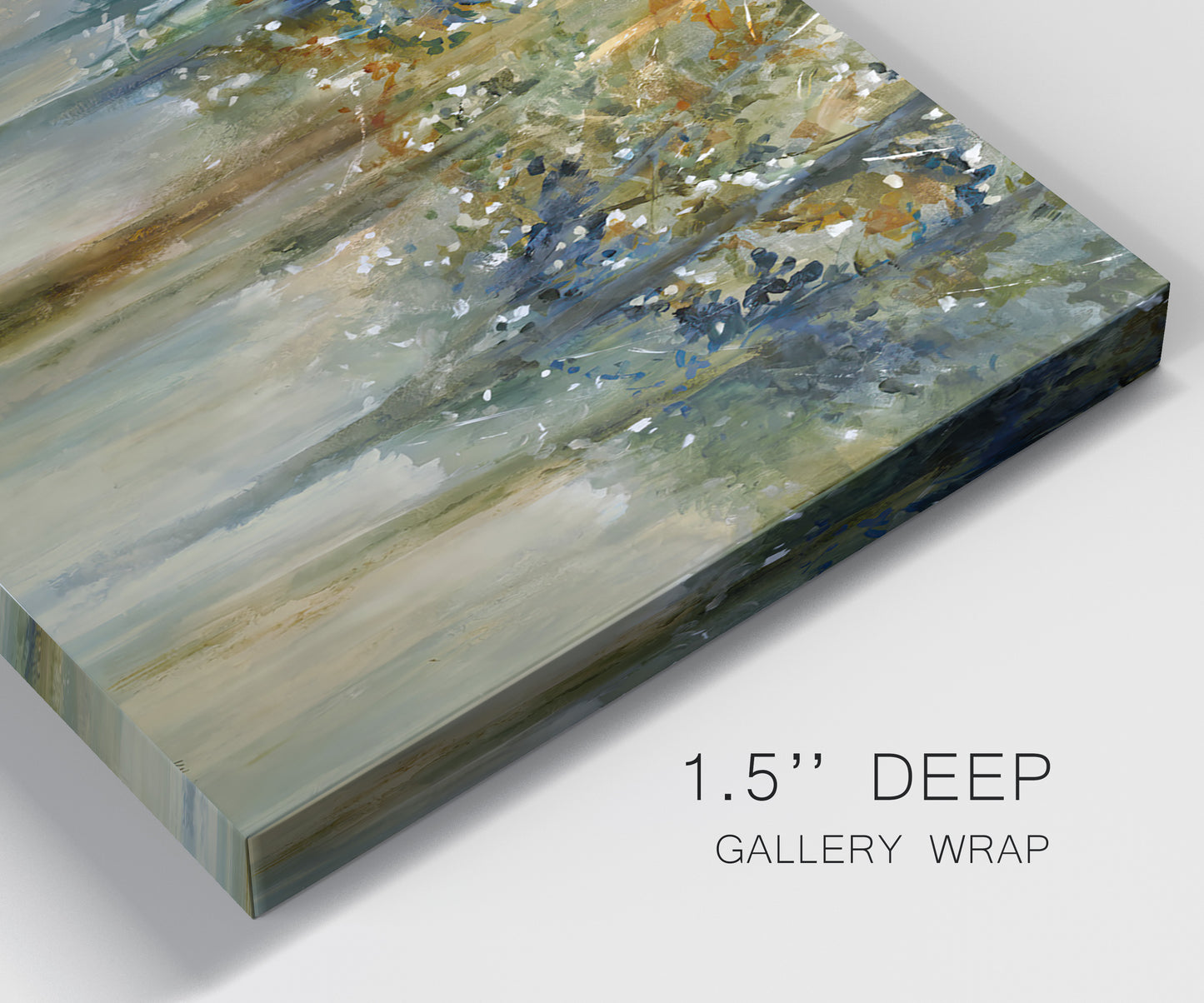 Close-up view of wrapped canvas corner featuring earth toned abstract leaf textures.