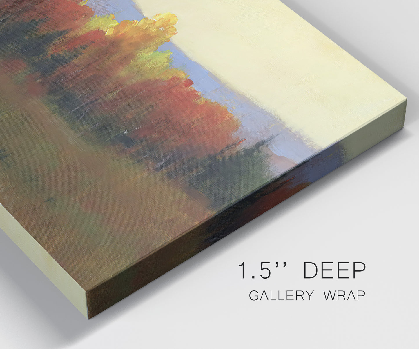 Close-up view of wrapped canvas corner featuring autumn landscape changing foliage.