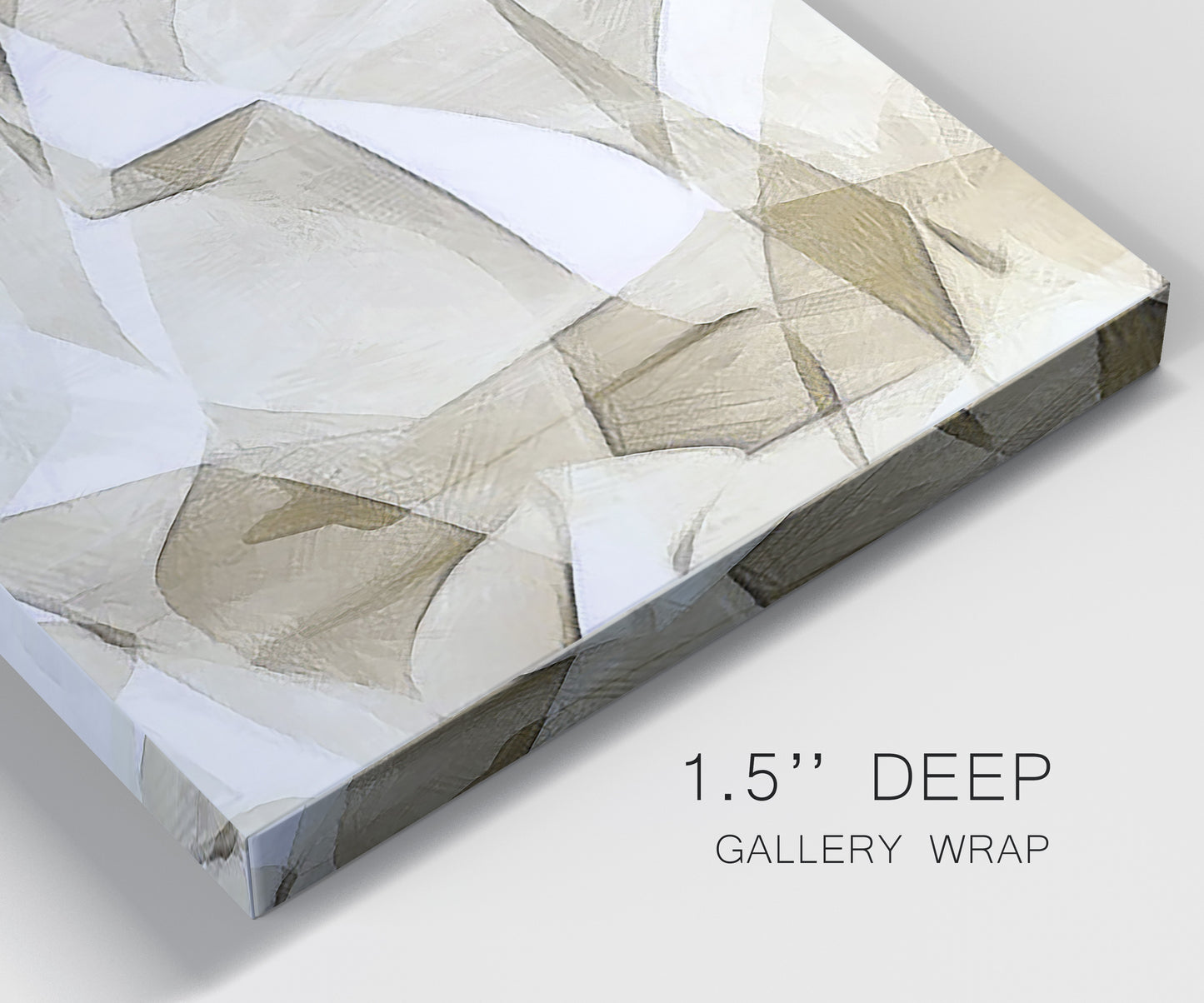 Close-up view of wrapped canvas corner featuring soft abstract meditative color balance.