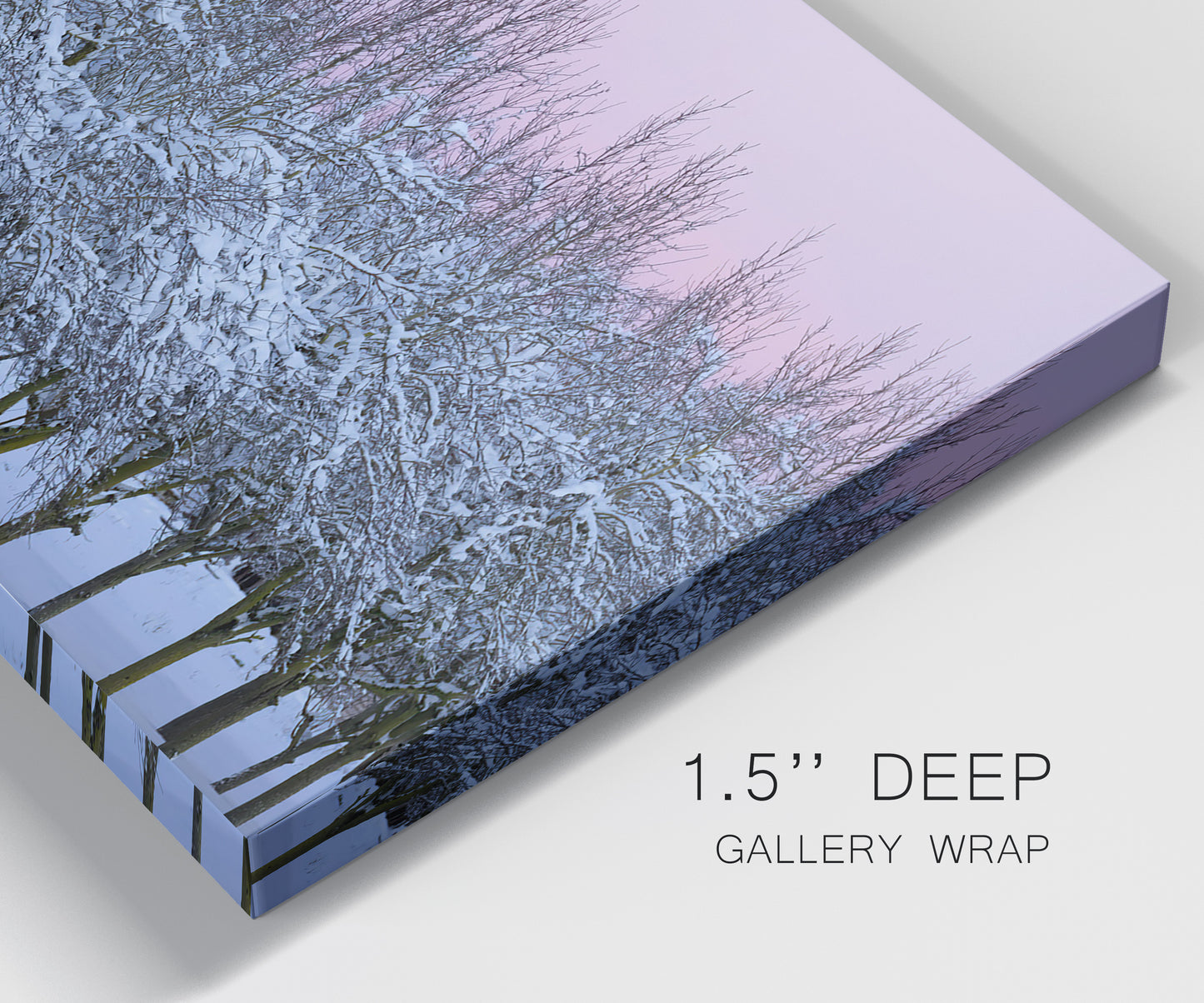Close-up view of wrapped canvas corner featuring winter landscape with bare trees.