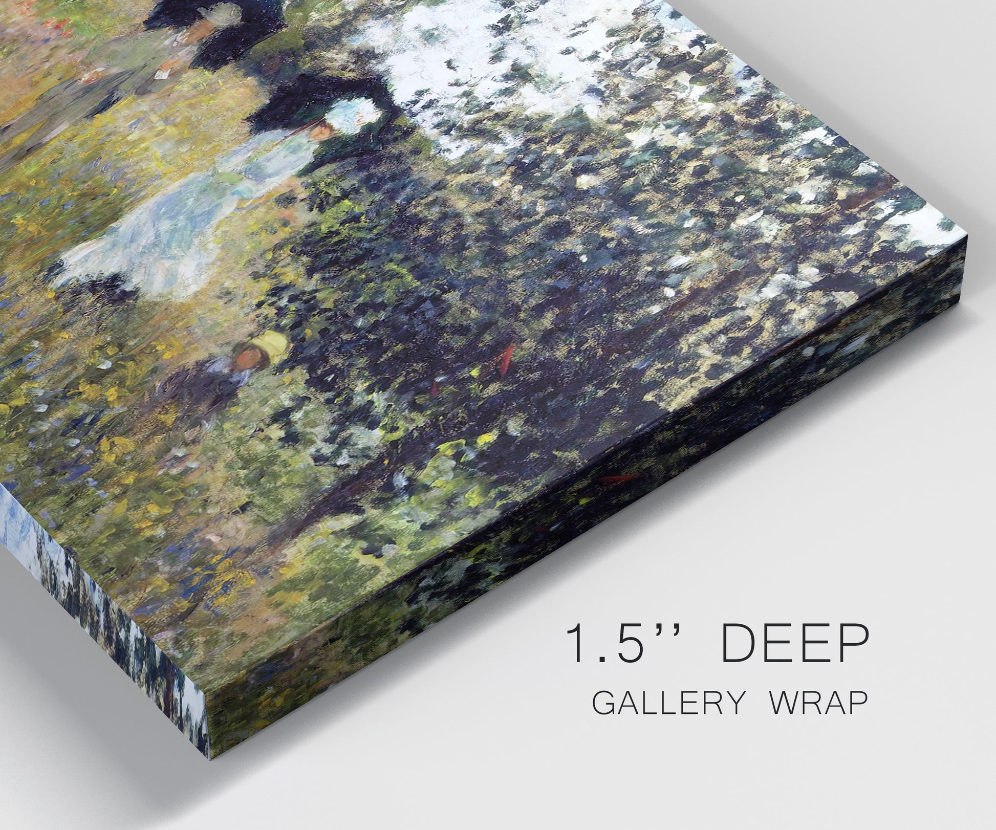 Close-up view of wrapped canvas corner featuring figures walking along riverbank.