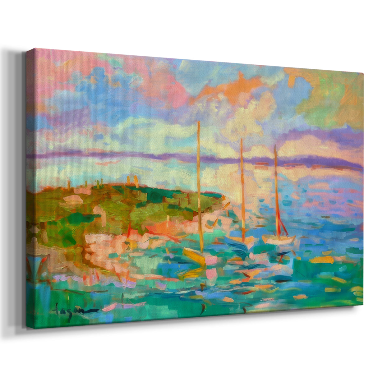 Colorful seascape with boats and vibrant skies over a coastal landscape in late afternoon light