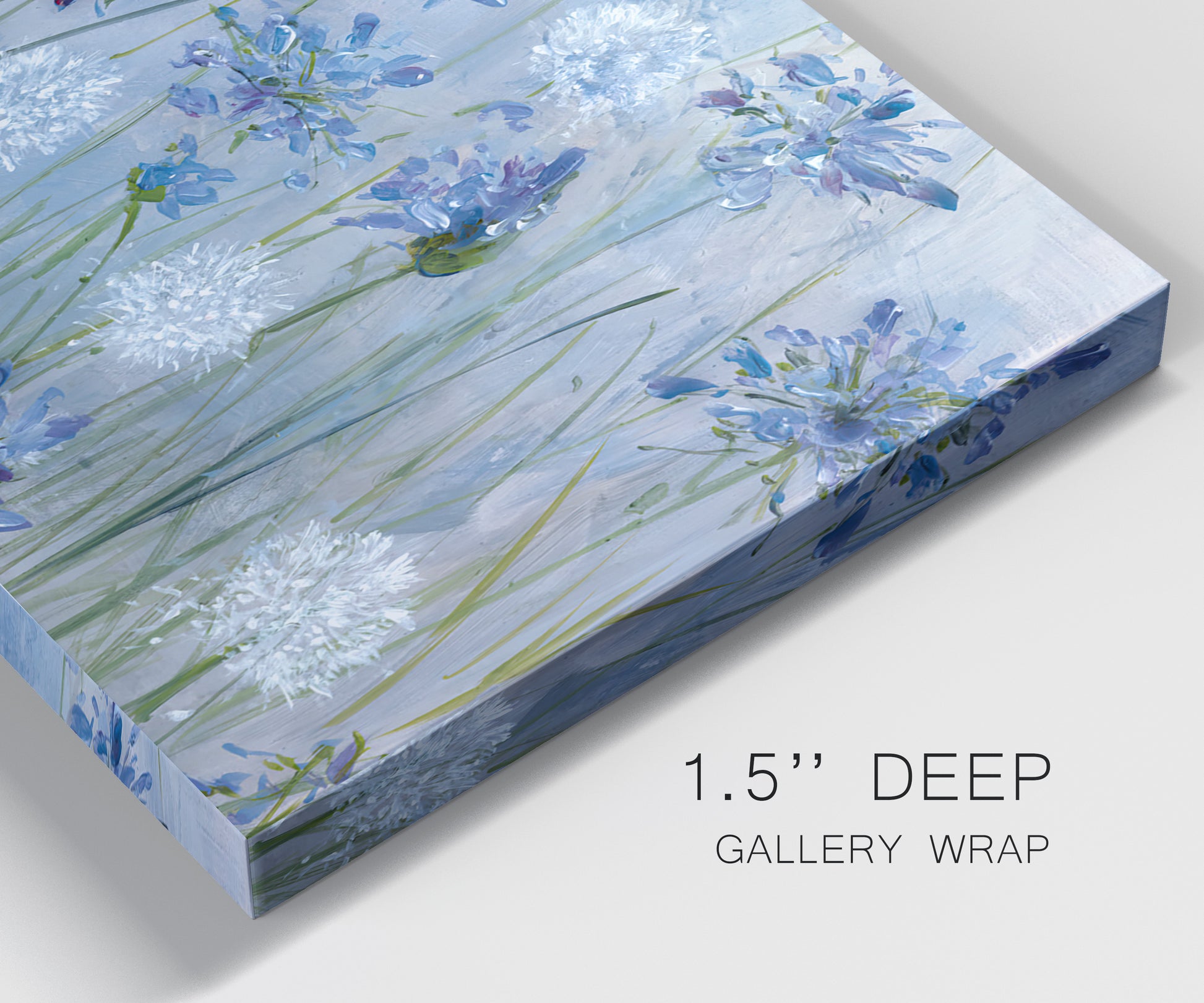Close-up view of wrapped canvas corner featuring delicate watercolor floral blooms.