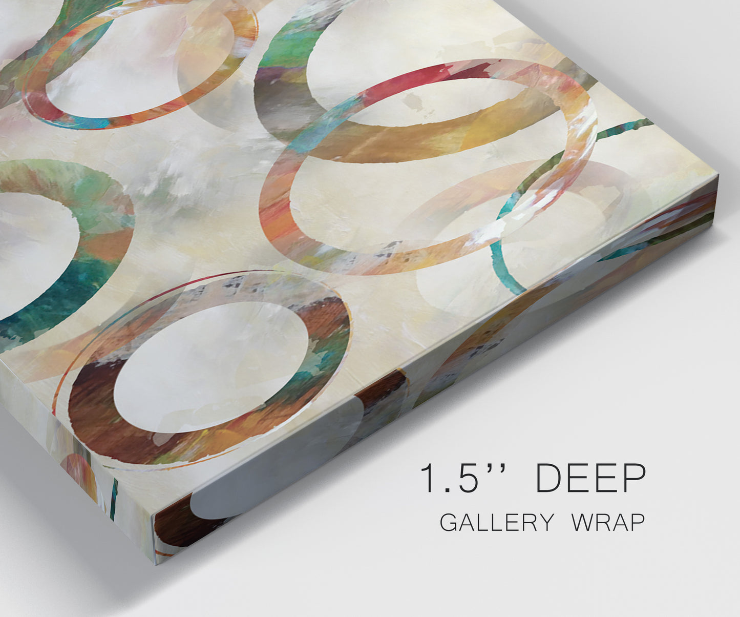 Close-up view of wrapped canvas corner featuring geometric circular abstract design.