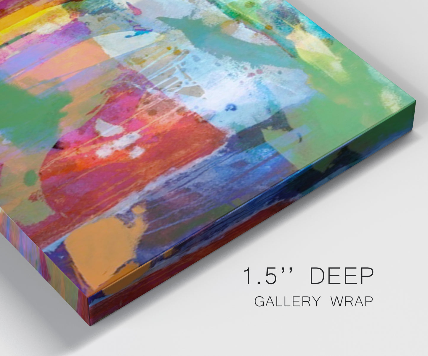 Close-up view of wrapped canvas corner featuring vibrant abstract color field panels.